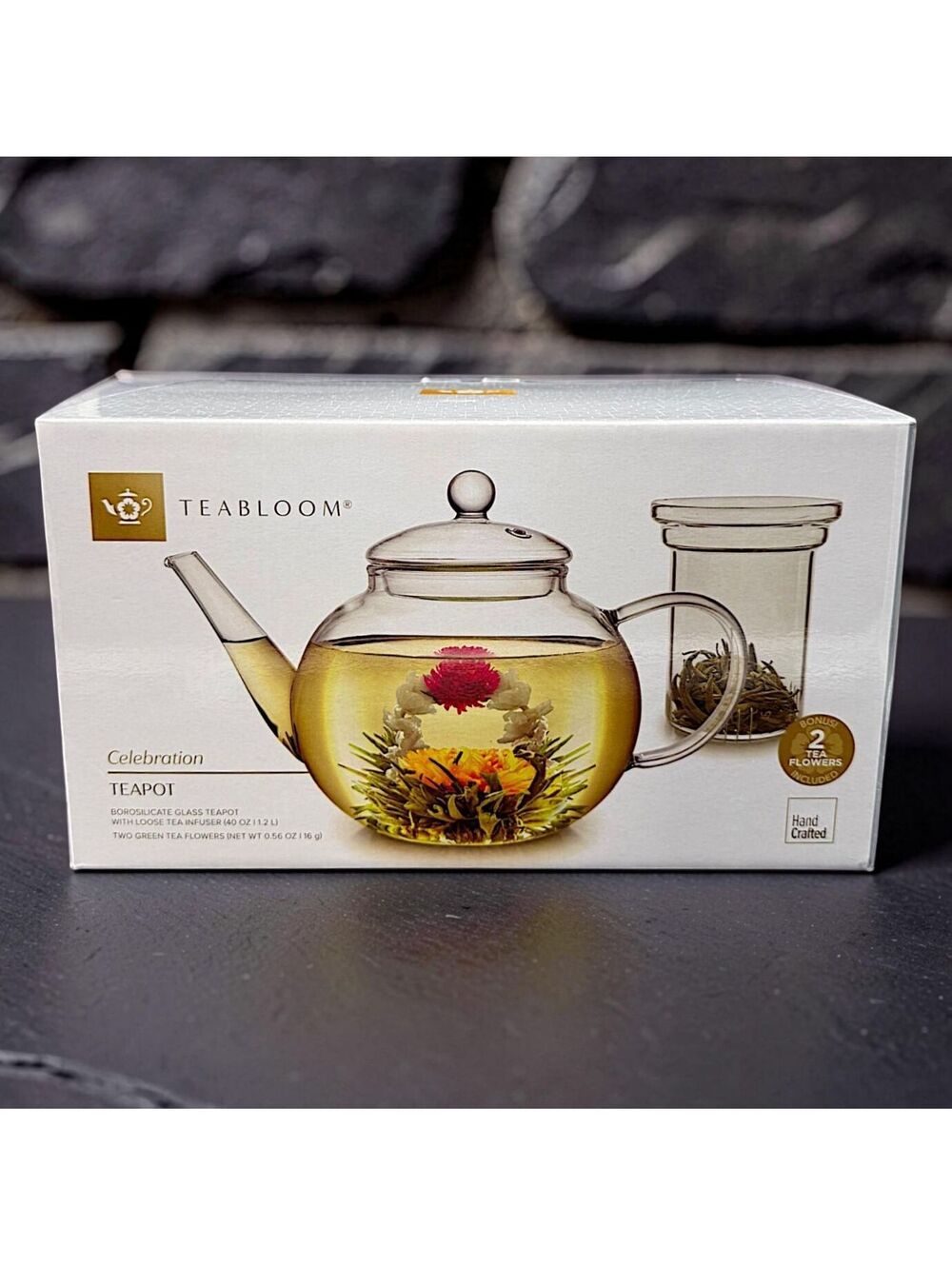Teabloom Celebration 40 oz Glass Teapot With Infuser & Original Box